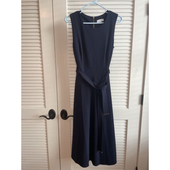 Calvin Klein Women’s Navy Sleeveless Midi Fit & Flare Dress Size 10 Belted - Picture 1 of 12